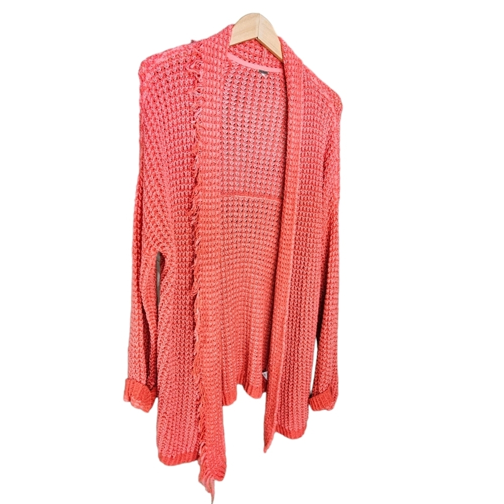 Free People "I'll Be Around" Coral Woven Silk Blend Fringe Open Cardigan - Picture 3 of 13